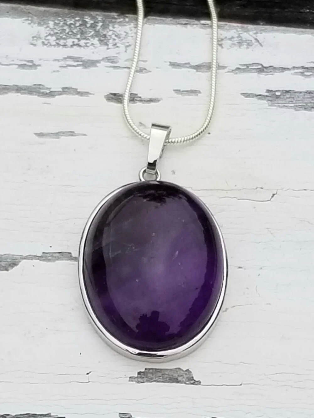 Sterling Silver Large Oval Amethyst Cabochon Pendant Necklace, Amethyst Jewelry